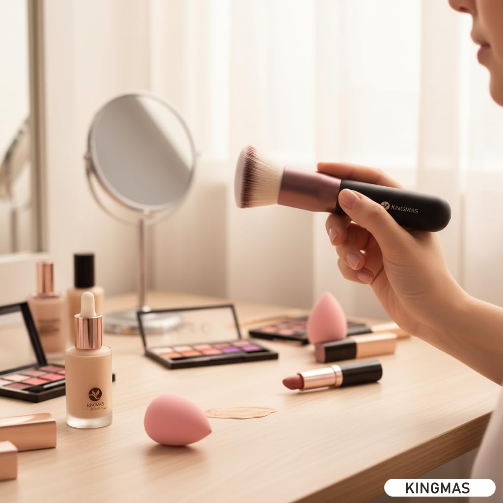 KINGMAS Angled Top Foundation Brush, Premium Kabuki Makeup Brush for Liquid, Blending, Cream, Powder,Blush Buffing Stippling Face Makeup Tools Black