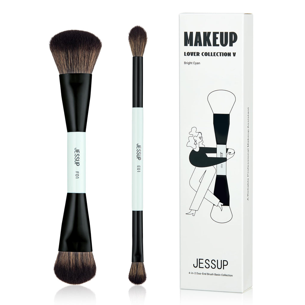 Jessup Face Makeup Brushes Blue 3pcs Double Ended Makeup Brush for Foundation Contour Blush Highlight and Concealer Brush, Premium Synthetic Brush Set T503
