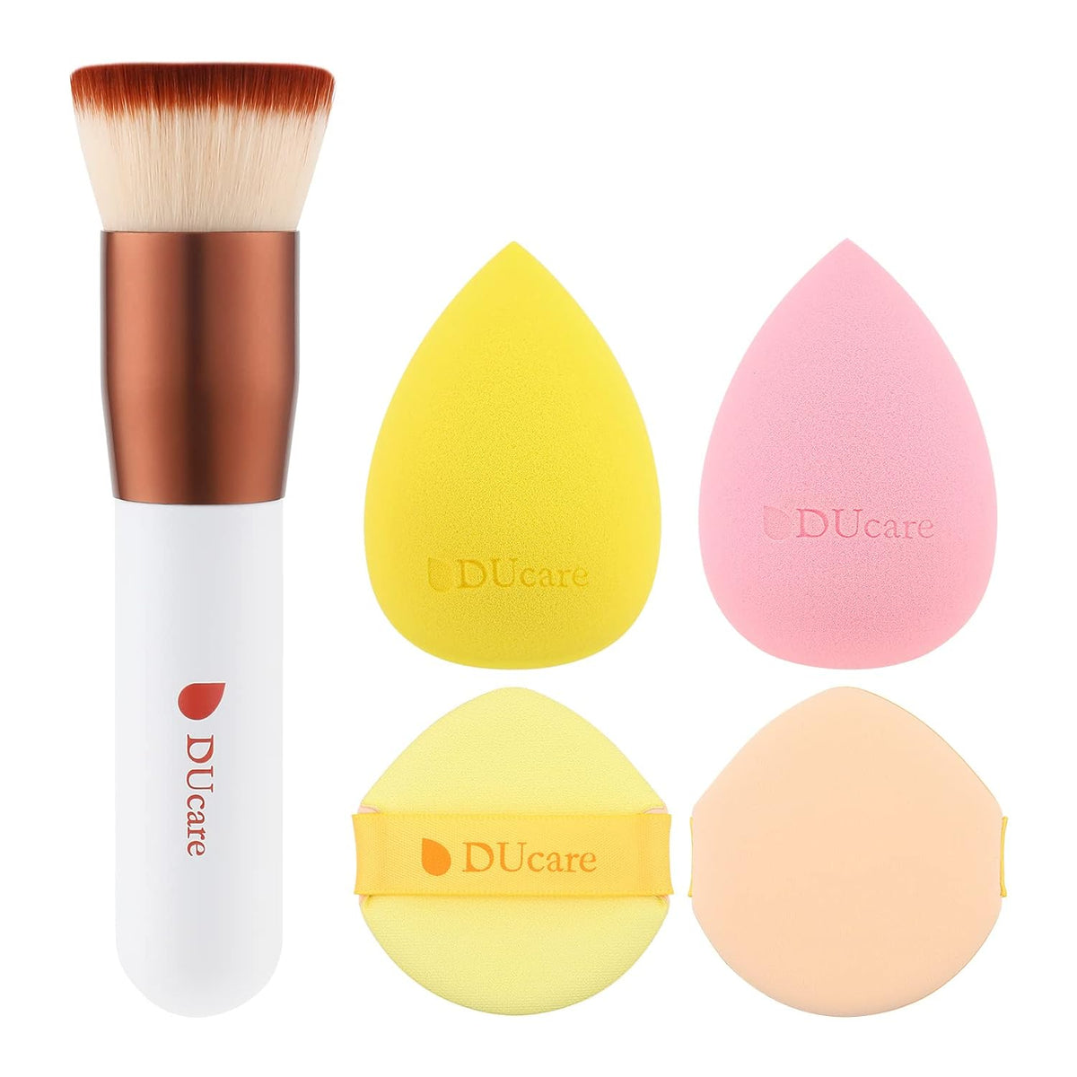 DUcare Foundation Brush with Makeup Sponges 5pcs Puff Flat Top Kabuki Brush for Liquid Blending Mineral Powder Buffing Stippling