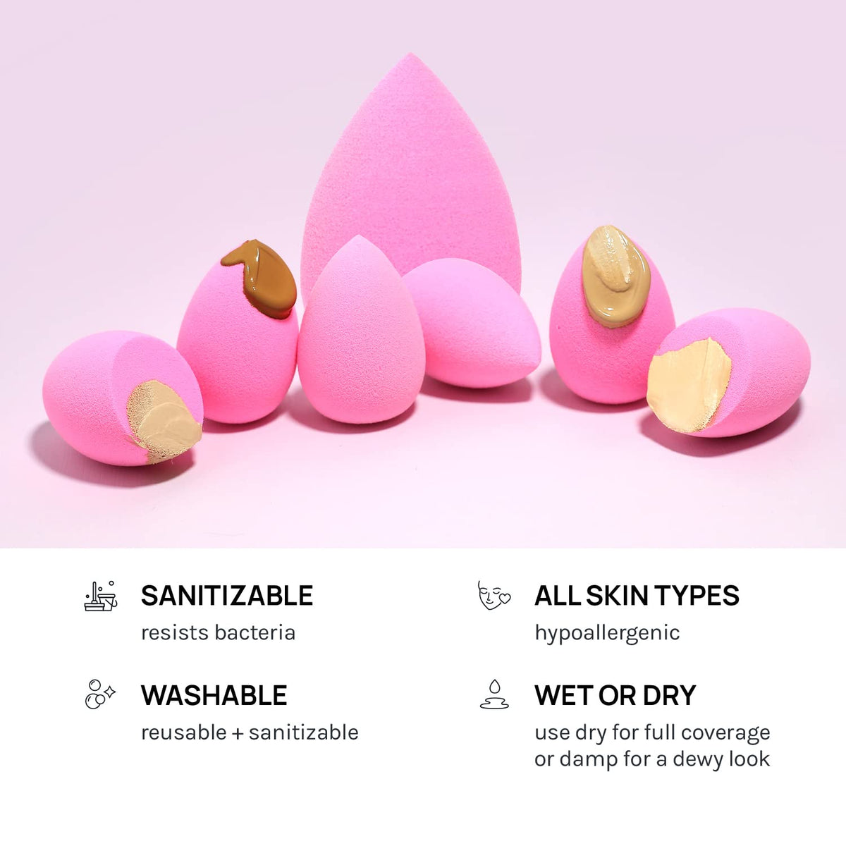 AOA STUDIO Collection MiNi Makeup Sponge Set Blender Latex Free and High-definition of 6 For Powder Cream Liquid, Super Soft Wonder Beauty Cosmetic 3 Tear Drop + Beveled Shape (Pink)