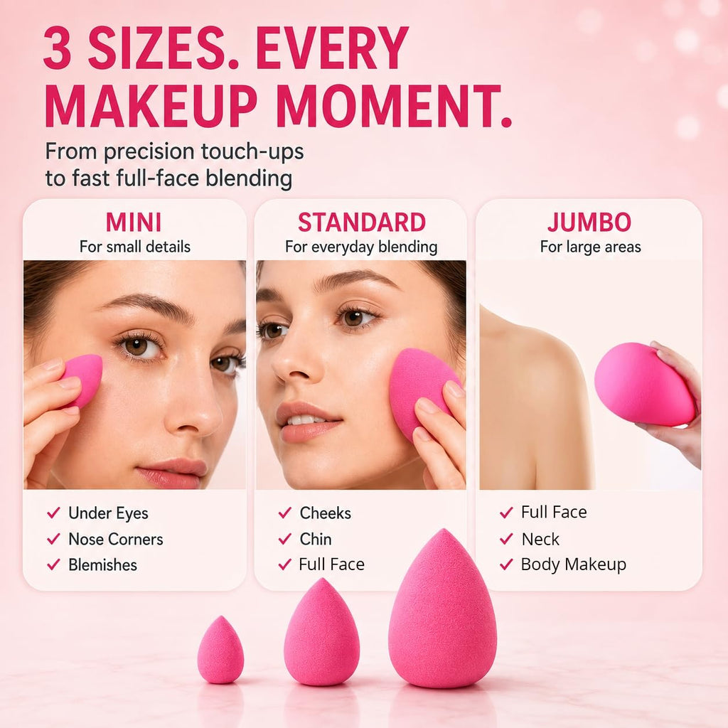 BEAKEY Makeup Sponge Trio Set, 3 Sizes Large Mini Standard