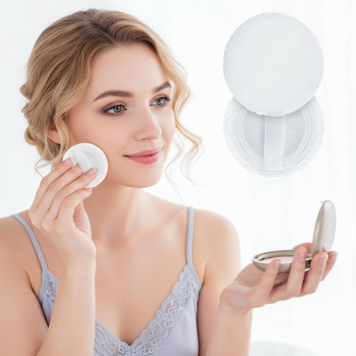 Makeup Puff 12 PCS Compact Puffs Round Velour Pressed -Puff for Makeup Face -Velour Puffs for Loose -Washable (2.36 Inch/White)