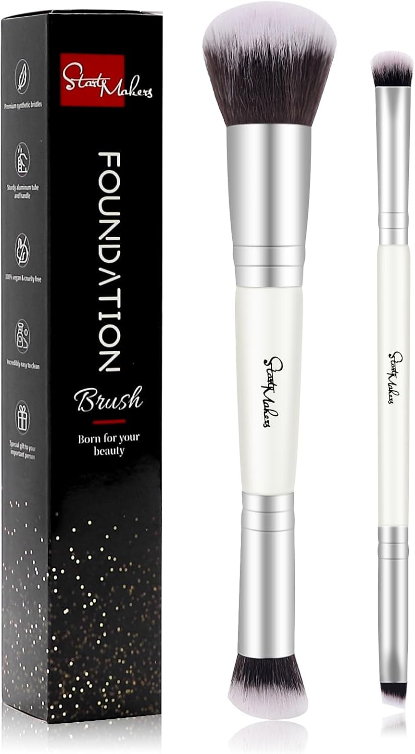 Makeup Brushes Dual-ended Foundation Brush - START MAKERS 2-in-1 Concealer Brush Face Eyebrow Eyeshadow Brush for Liquid, Powder, Buffing, Blending, Contouring Foundation Make Up Brushes(2Pcs)