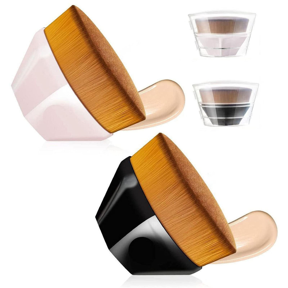 4 Pack Foundation Makeup Brush for Blending Liquid Cream Flawless Powder Face Blush with Protective Case(Black and Pink, Hexagon Kabuki Brush)