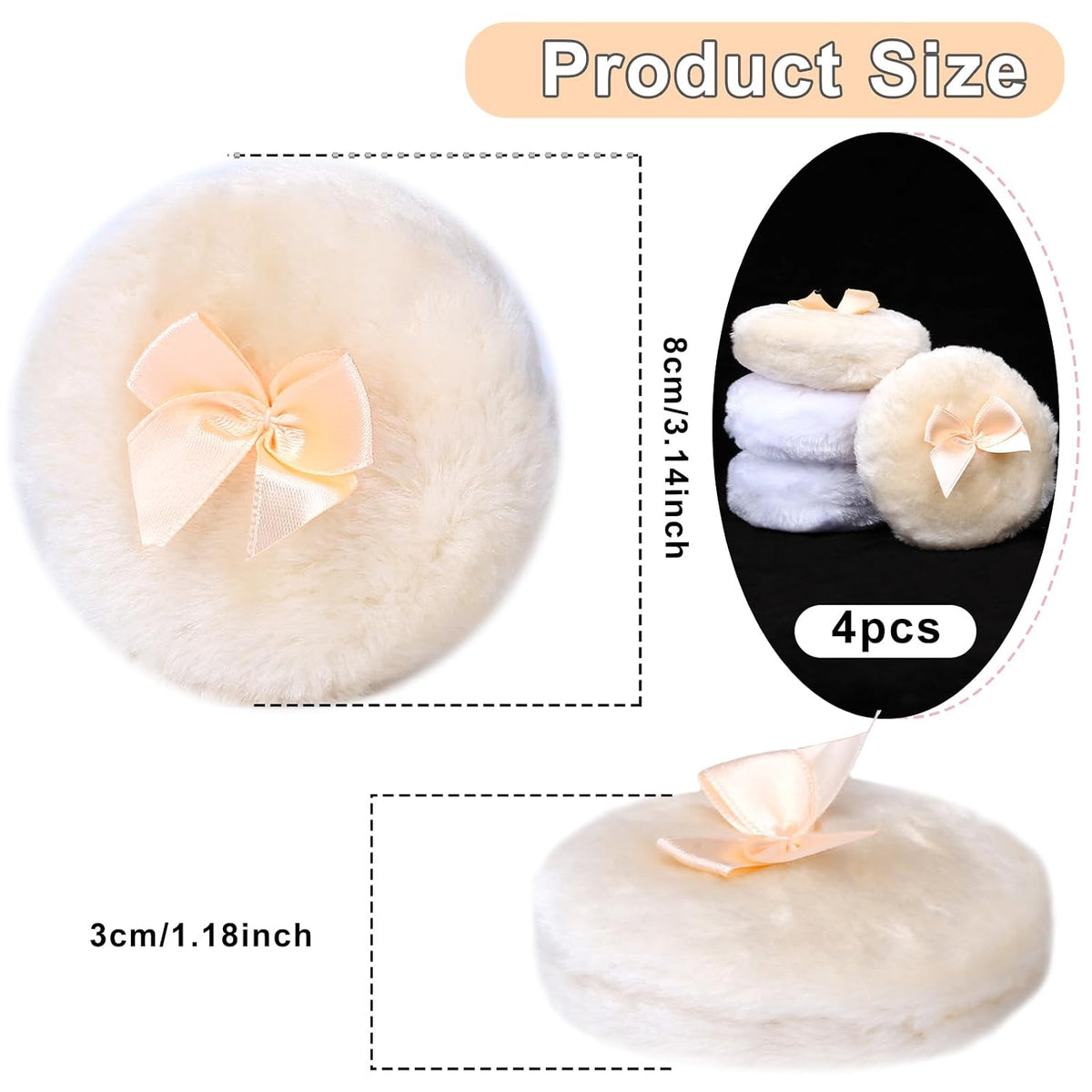 4PCS Large Fluffy Puff, White Puffs for Face Powder, Ultra Soft Face Body Puff, Washable Reusable Makeup Puffs(White/Beige)