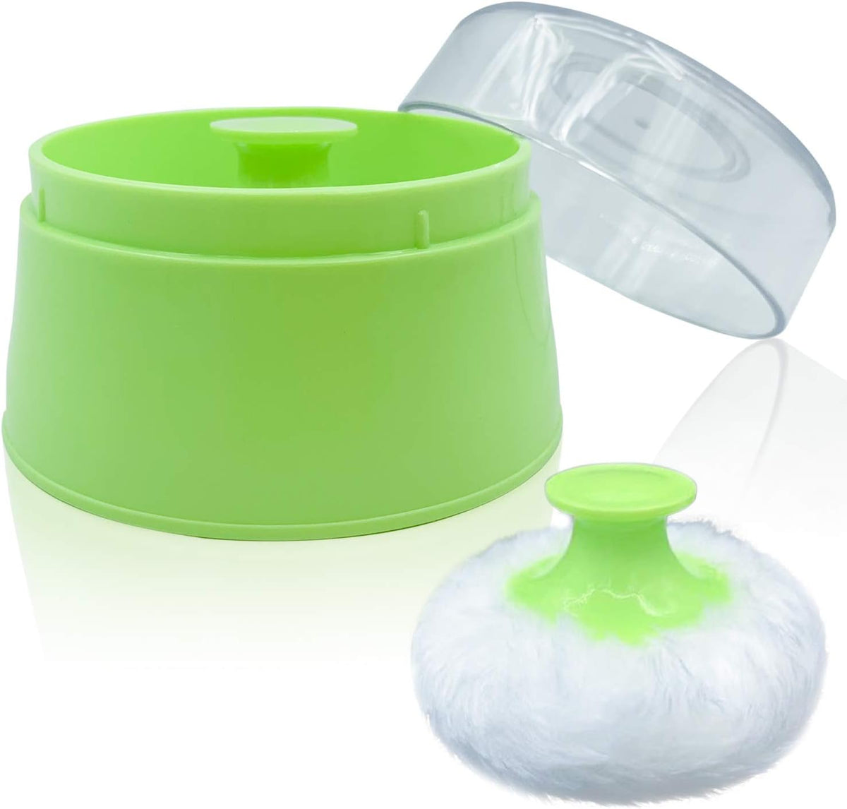 BPA Free Baby Powder Puff Box, Large 2.8" Fluffy Body After-Bath Powder Case, Baby Care Face/Body Villus Powder Puff Container, Makeup Cosmetic Talcum Powder Container with Hand Holder (Green)