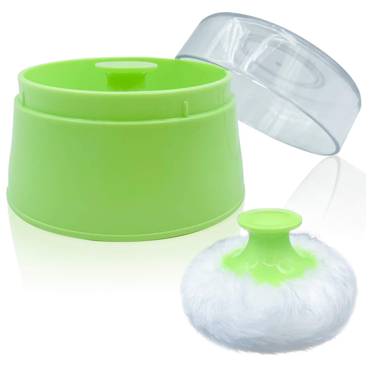 BPA Free Baby Powder Puff Box, Large 2.8" Fluffy Body After-Bath Powder Case, Baby Care Face/Body Villus Powder Puff Container, Makeup Cosmetic Talcum Powder Container with Hand Holder (Green)