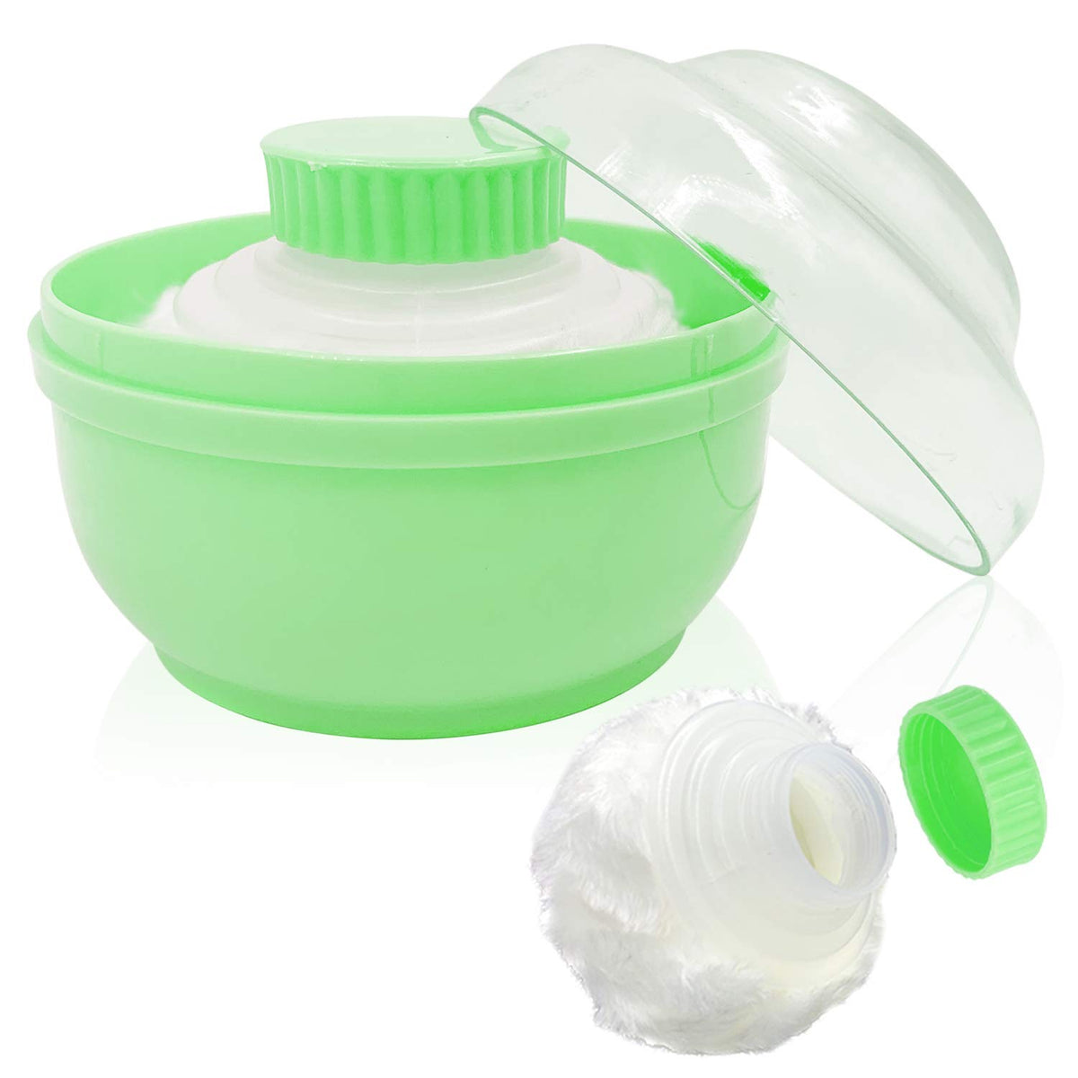BPA Free Baby Powder Puff Box, Large 2.8" Fluffy Body After-Bath Powder Case, Baby Care Face/Body Villus Powder Puff Container, Makeup Cosmetic Talcum Powder Container with Hand Holder (Green)