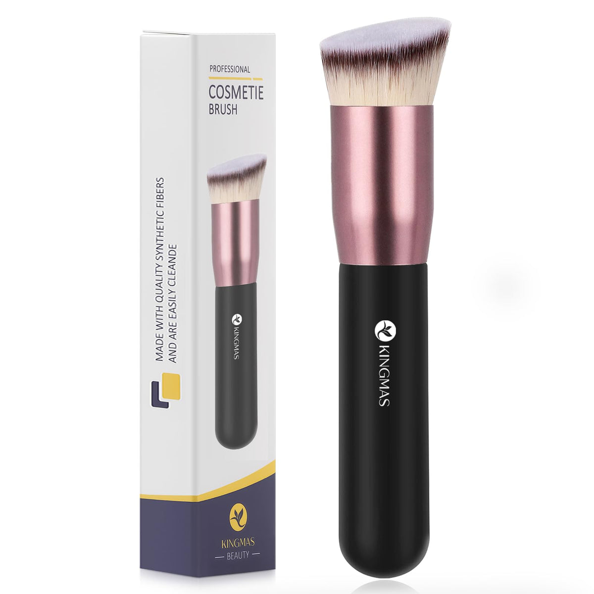 KINGMAS Angled Top Foundation Brush, Premium Kabuki Makeup Brush for Liquid, Blending, Cream, Powder,Blush Buffing Stippling Face Makeup Tools Black