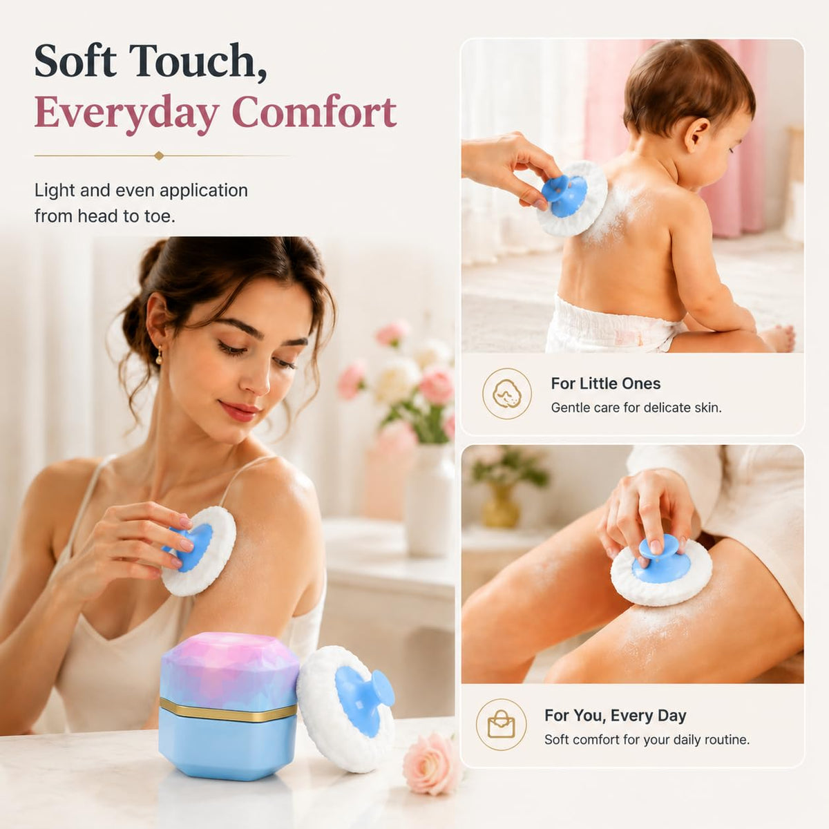Body Powder Puff and Container, 3.35" Portable Dusting Powder Container with Soft Puff Powder Case Box Jar for Baby Women Home and Travel Use(Blue)