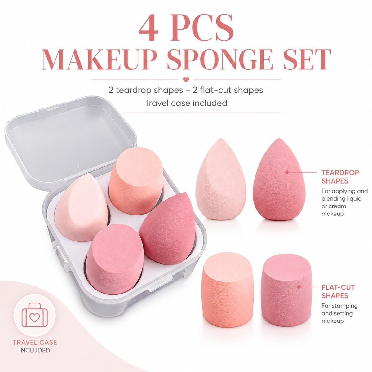 Makeup Sponge Set 4 Pcs Blender for Foundation Latex Free with Travel Case