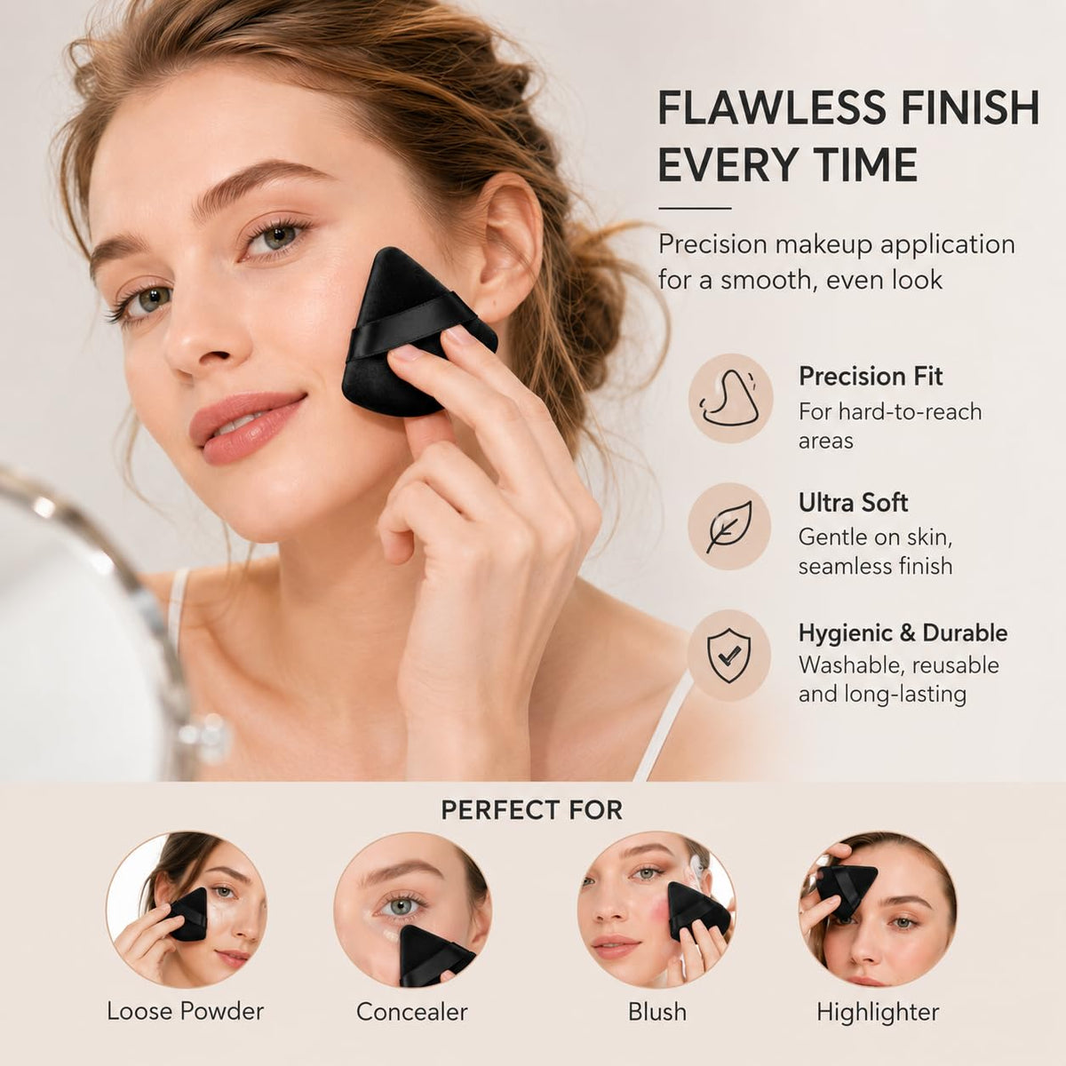 EVAOUXIU Triangle Powder Puff Set of 2, Soft Velour Makeup Puff for Loose & Pressed Powder, Reusable Face Powder Puff with Finger Strap for Setting Powder, Foundation & Touch Ups