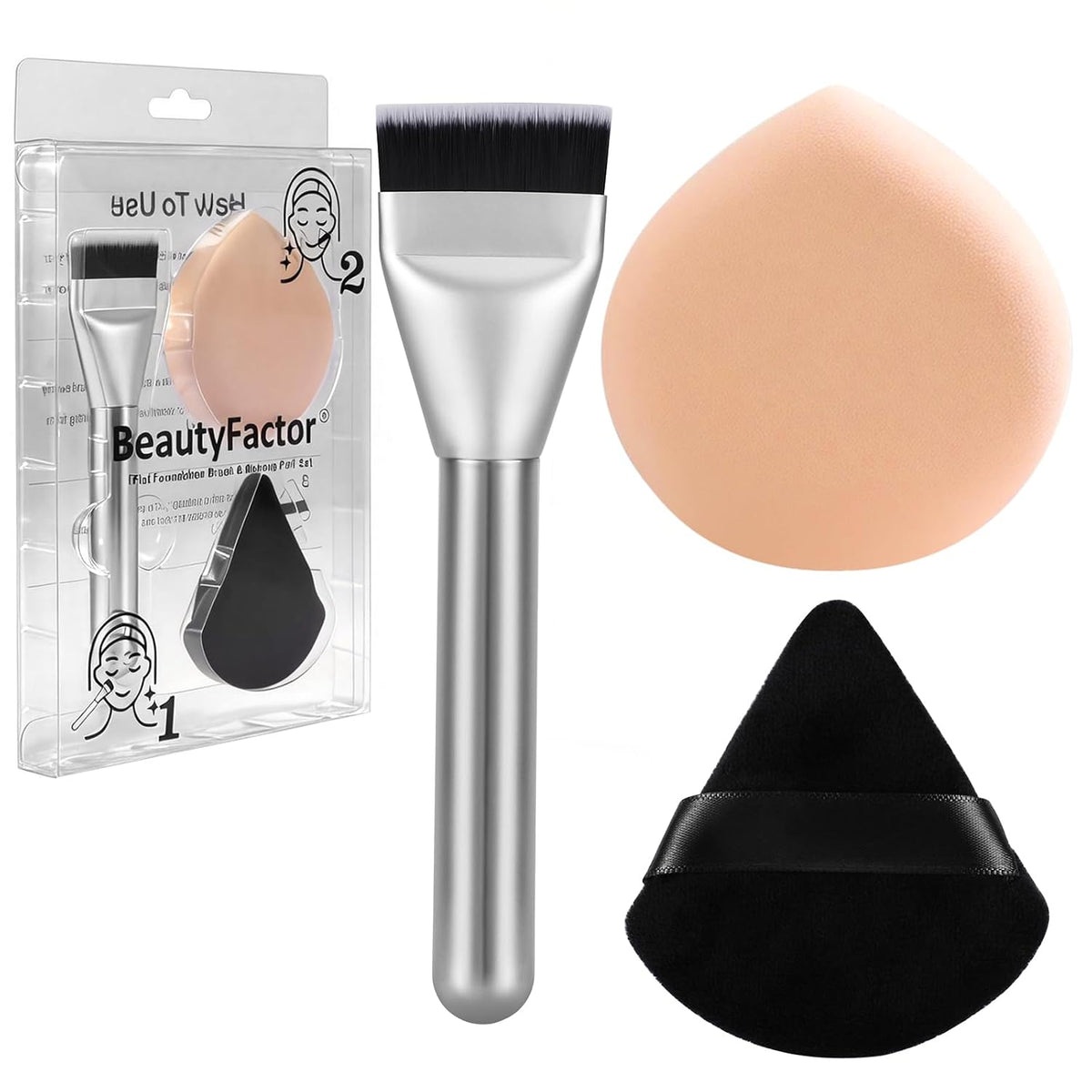 Flat Foundation Brush and Powder Puff Set, Korean Makeup Brush Teardrop Sponge for Liquid Foundation,Premium Face Makeup Brush Sponge for Blending Cream Setting Powder
