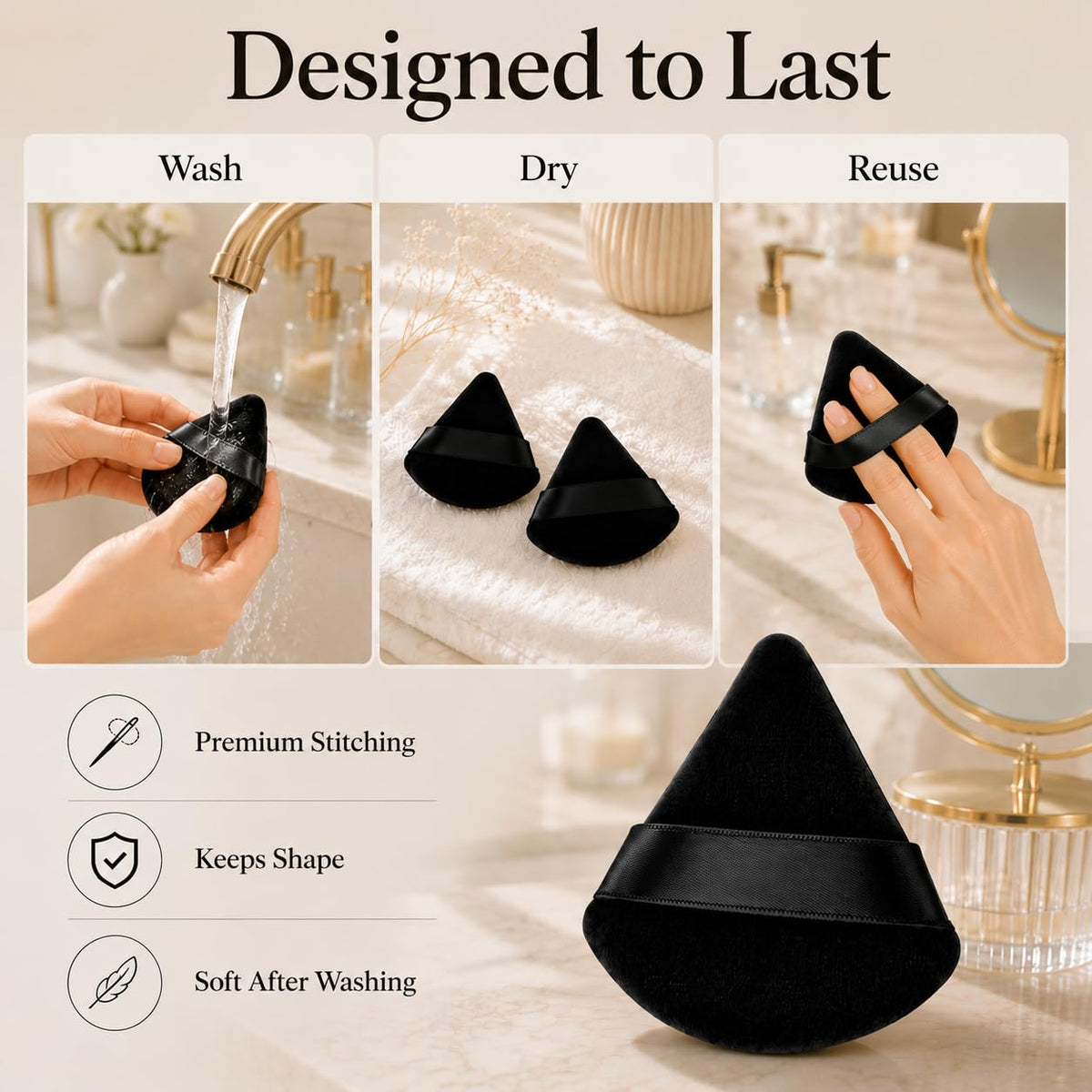 EVAOUXIU Triangle Powder Puff Set of 2, Soft Velour Makeup Puff for Loose & Pressed Powder, Reusable Face Powder Puff with Finger Strap for Setting Powder, Foundation & Touch Ups