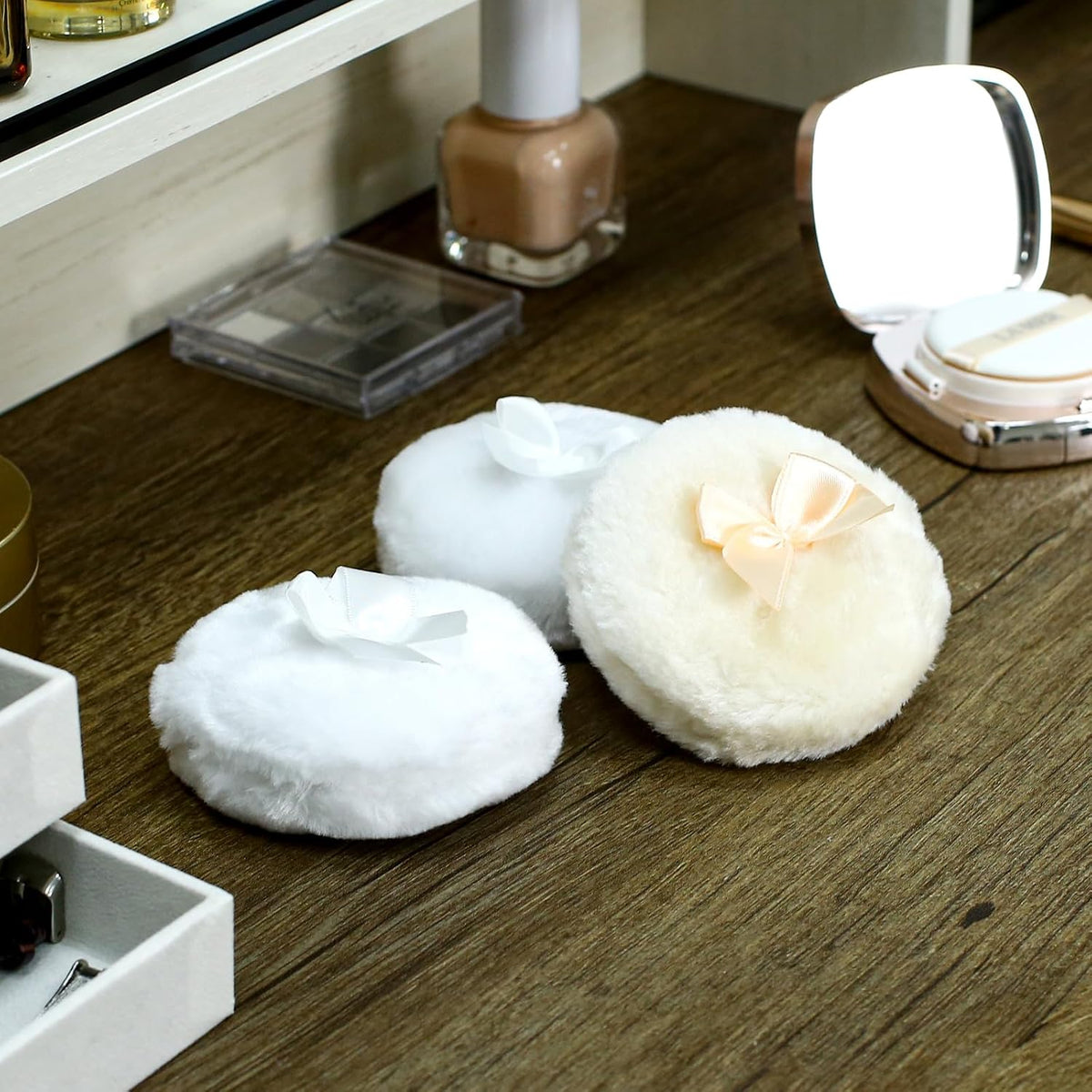 4PCS Large Fluffy Puff, White Puffs for Face Powder, Ultra Soft Face Body Puff, Washable Reusable Makeup Puffs(White/Beige)