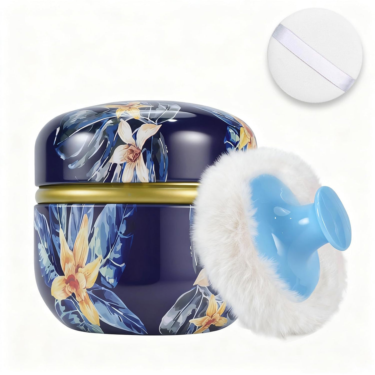 SHIMIDO Body Powder Puff and Container, 3.15" Portable Empty Body Powder Container for Baby Women's Loose Dusting Powder, Powder Case Box with Lids for Bath, Travel and Home Use (Old time)