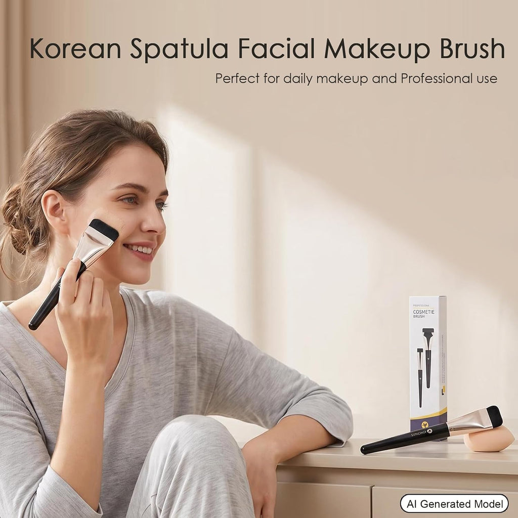 KINGMAS 2Pcs Flat Foundation Brush, Korean Spatula Facial Makeup Brush, Ultra Thin Concealer Contour Brush for Liquid Cream Blending