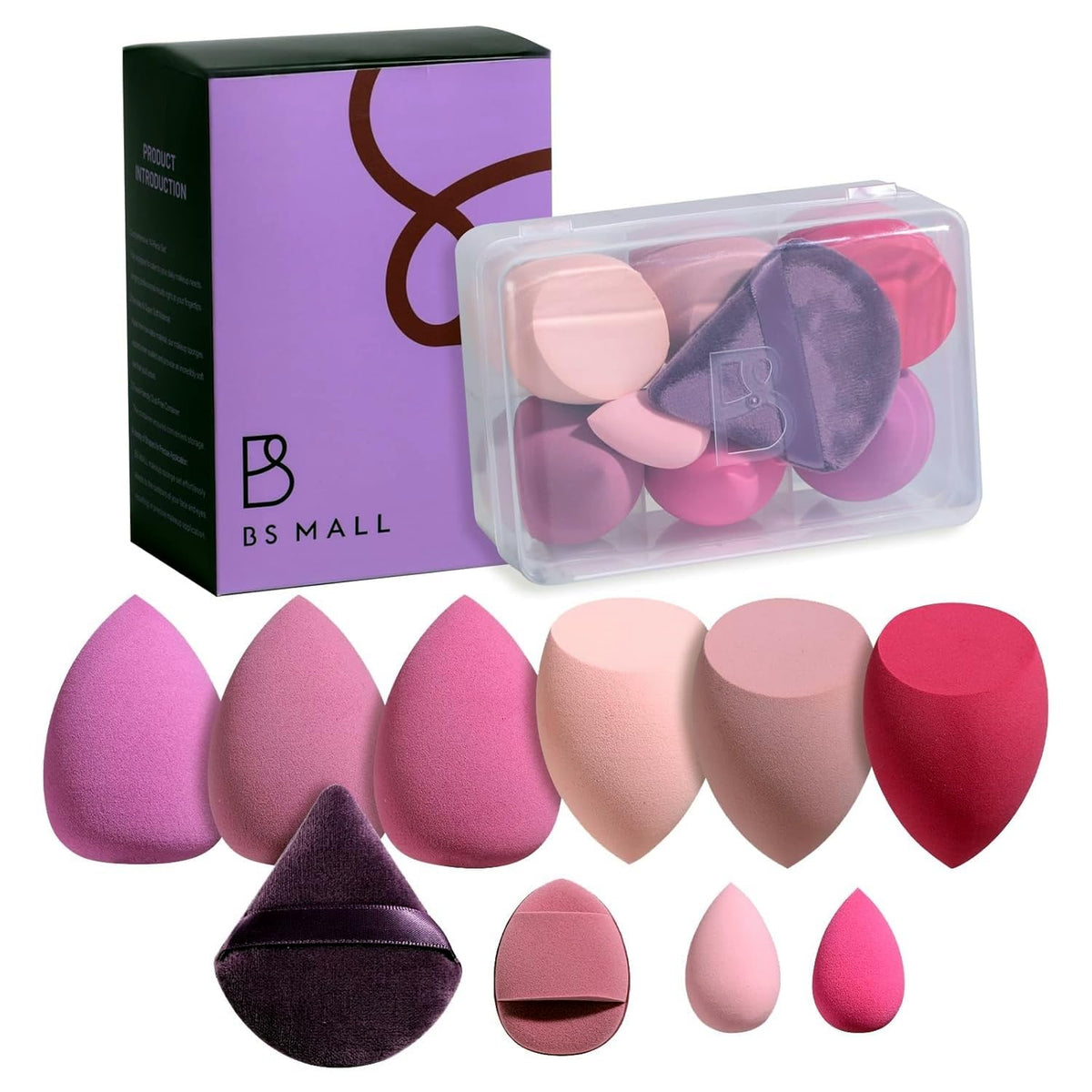 Makeup Sponges BS-MALL10 Pcs Premium For Foundation - Makeup Blending Sponge Set With Finger & Triangle Puffs For Multi-purpose Use, Travel Essential & Daily Makeup with Case