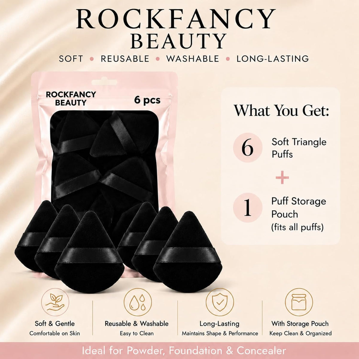 RockFancy Powder Puff 6Pcs, Triangle Powder Puffs for Loose & Foundation