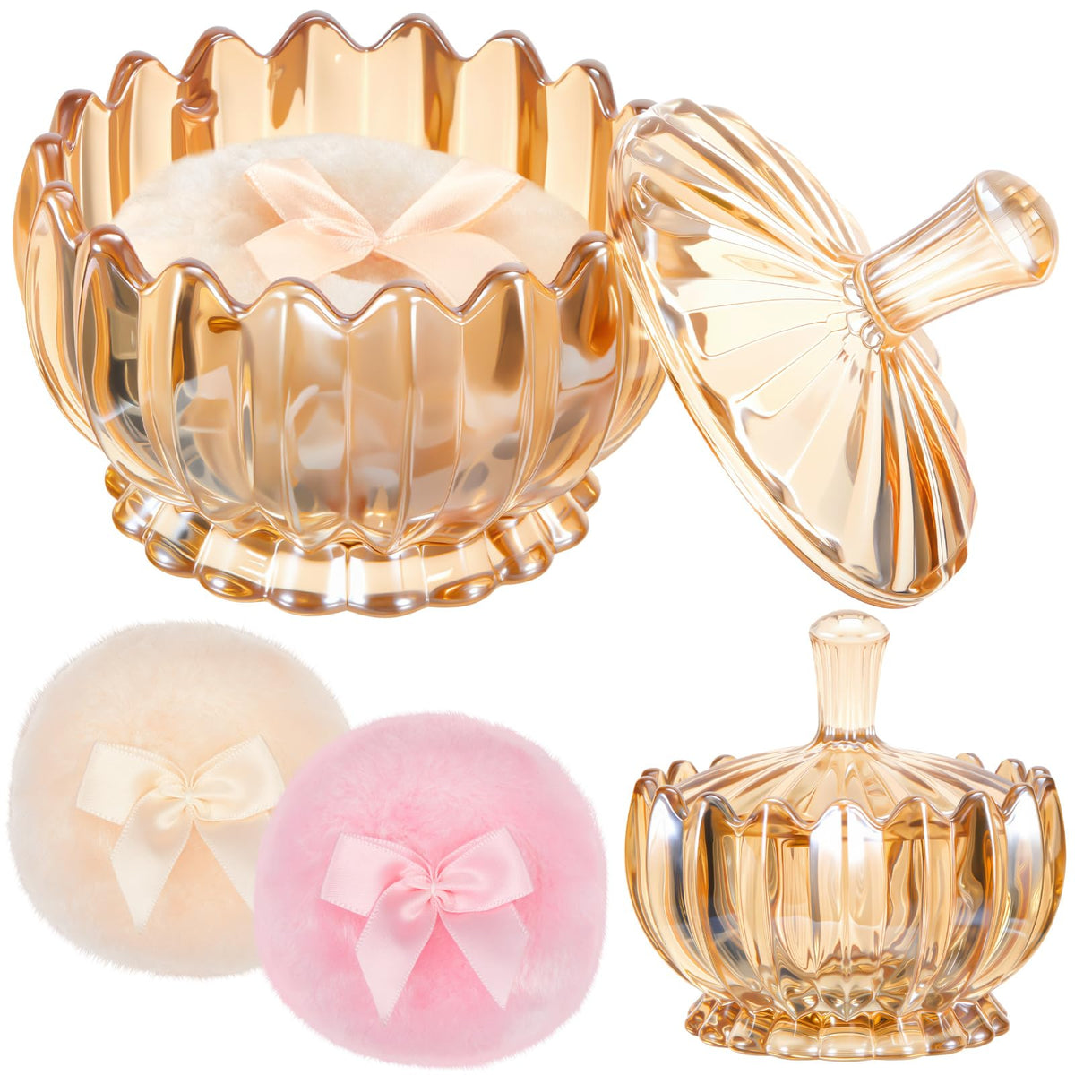 Tioncy 3 Pcs Large Dusting Powder Container with Puff Set, Classic, Clear