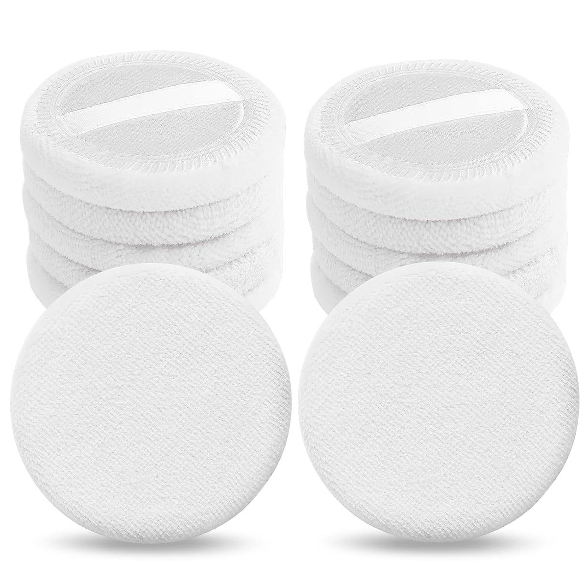 Sibba Loose Powder Make up puff 12 Pieces Round Velour Face Makeup Compact Body Container Setting Pressed Blending Foundation Cream Make Up Ribbon Strap Sponge Cushion Applicator (White)