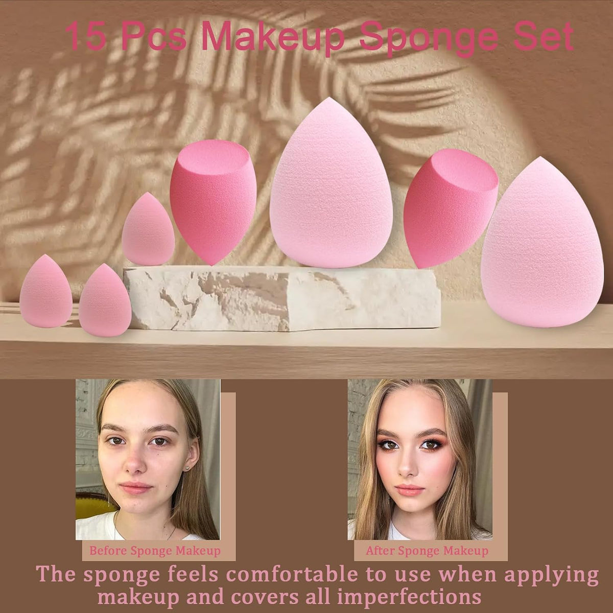 15 pcs Makeup Sponge Bulk:makeup Sponges 15 Pcs for Liquid, Cream, and Powder, Multi-colored Pink make up sponges for foundation