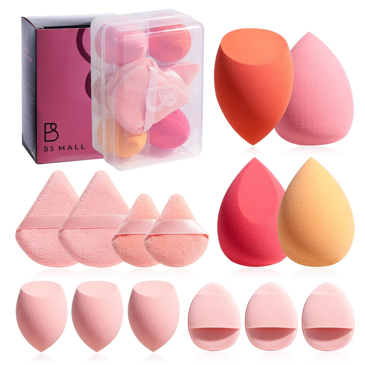Makeup Sponge Set BS-MALL Triangle Puff 14PCS Non-Latex Beauty Blender Sponges with Travel Case, Soft Makeup Puff for Foundation, Concealer, Cream & Powder, Face & Eye Blending for Sensitive Skin
