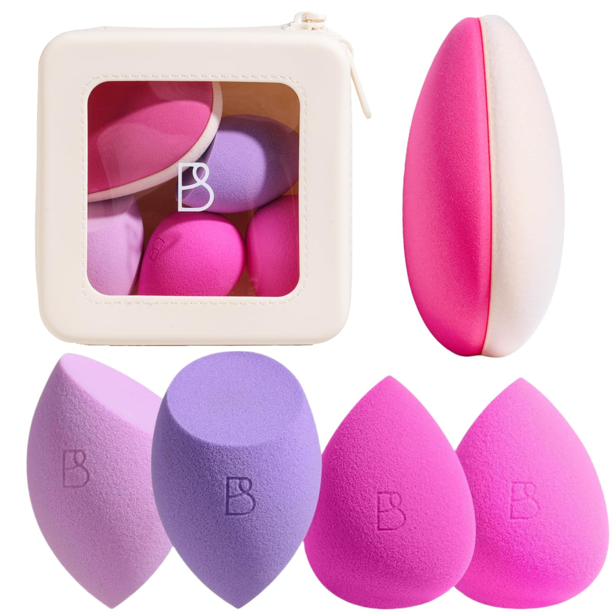 BS-MALL Makeup Sponge Set Pro Version– V3.0 Soft Blending Tech For Foundation Blending Blush Highlight 1 XL Dual-Use Makeup Sponge & Waterproof Silicone Cosmetic Travel Bag Brown