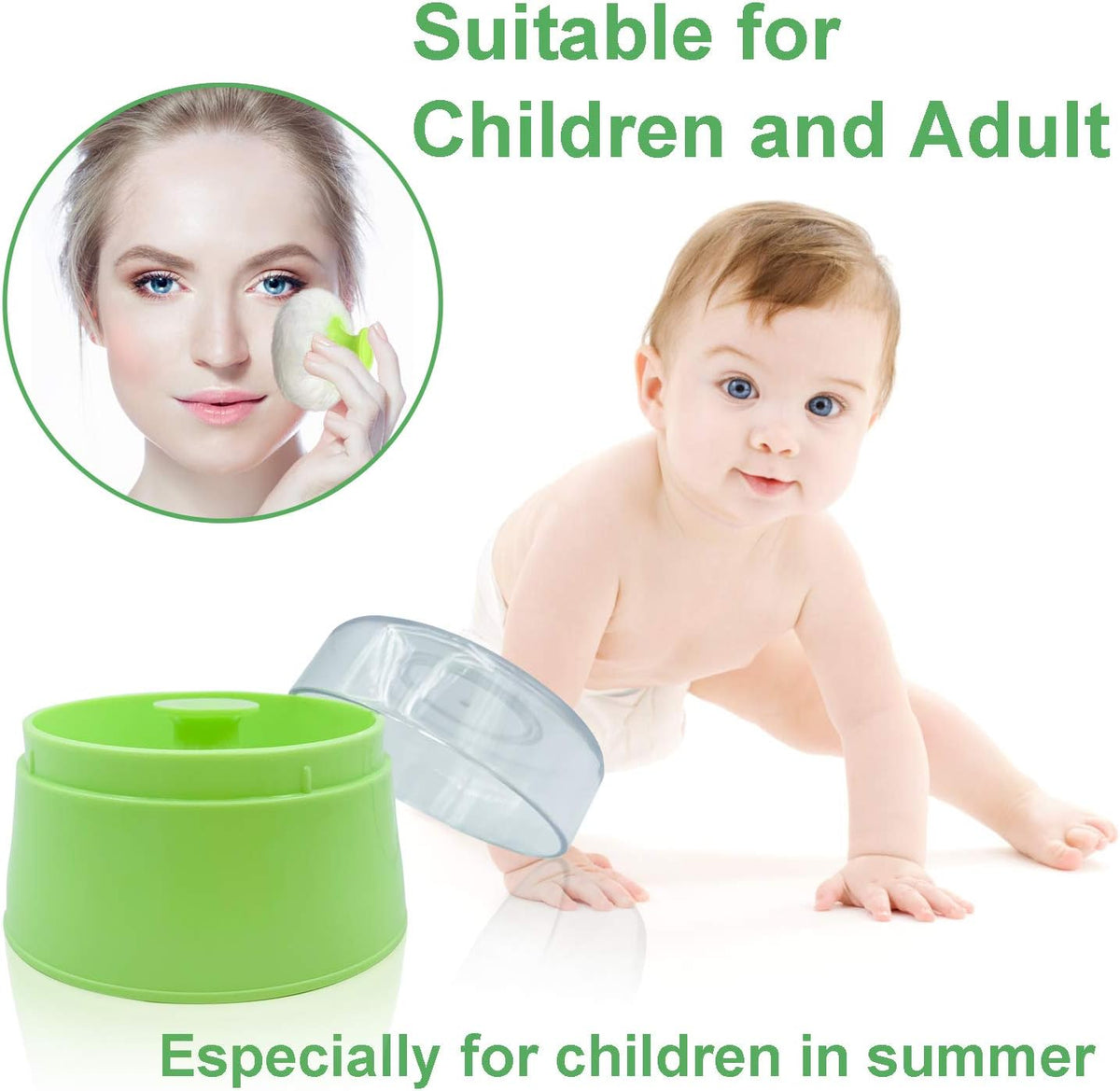 BPA Free Baby Powder Puff Box, Large 2.8" Fluffy Body After-Bath Powder Case, Baby Care Face/Body Villus Powder Puff Container, Makeup Cosmetic Talcum Powder Container with Hand Holder (Green)