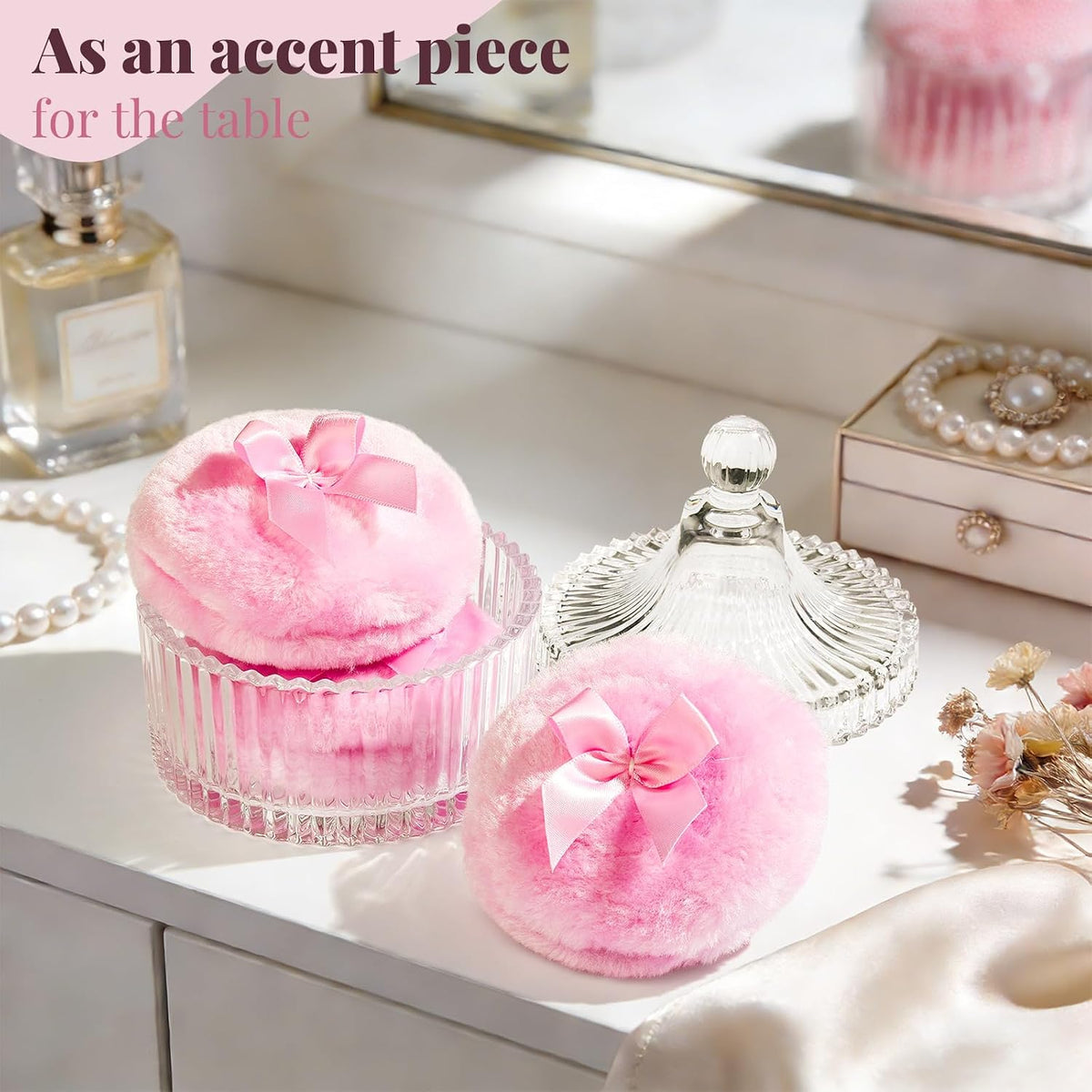 Teenitor 4pcs Powder Puff Soft Powder Puff and Container, Dusting Powder Container with Puff, Glass Crystal Case for Soft Velour Body Powder Puff Pink