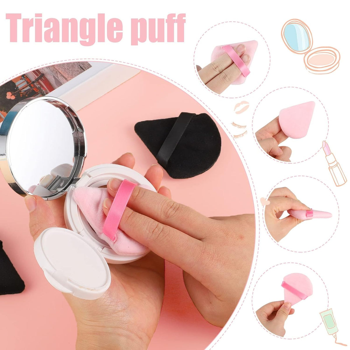 Pimoys Powder Puffs, 6 Pack Triangle Velour Makeup Sponges, Pink Black