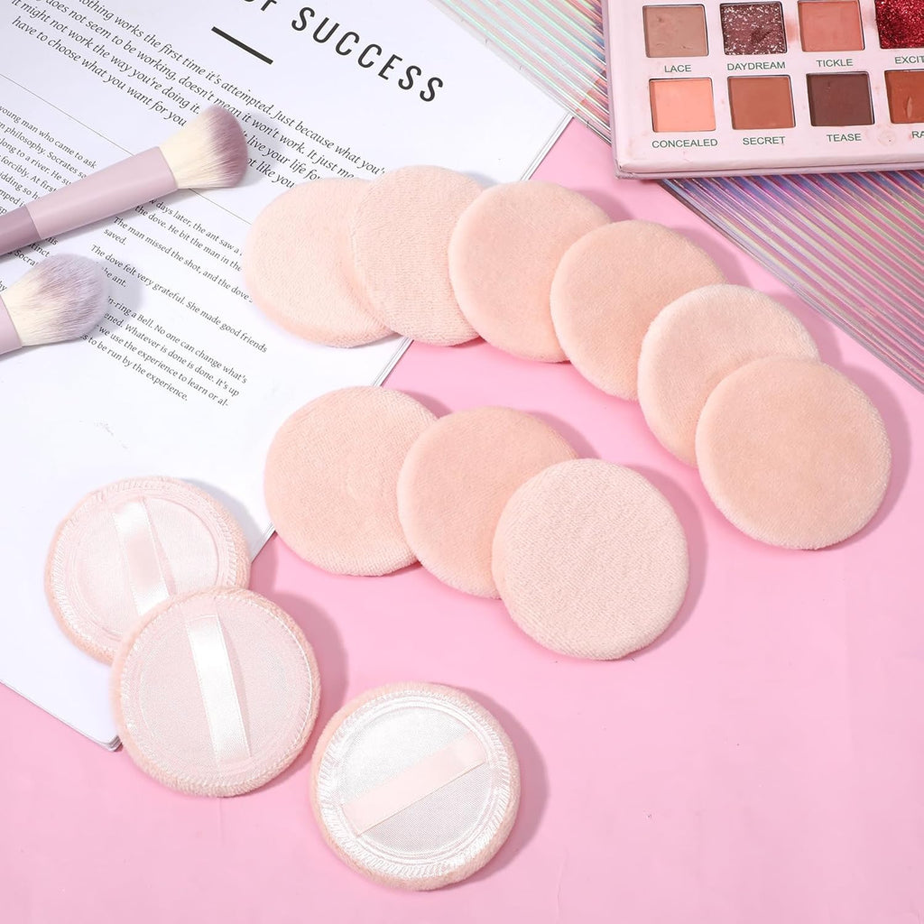 12 Pieces Round Velour Face Makeup Powder Pad, Powder Pads, 2.36 Inch Setting Makeup Puff, Soft Face Compact Powder-Pad with Ribbon, Puff Pads for Loose-Powder, Setting-Powder