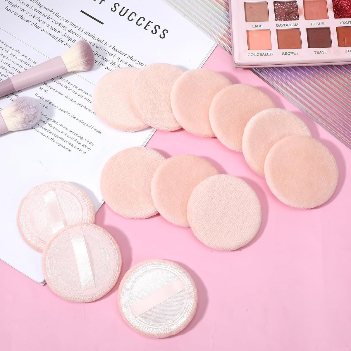 12 Pieces Round Velour Face Makeup Powder Pad, Powder Pads, 2.36 Inch Setting Makeup Puff, Soft Face Compact Powder-Pad with Ribbon, Puff Pads for Loose-Powder, Setting-Powder
