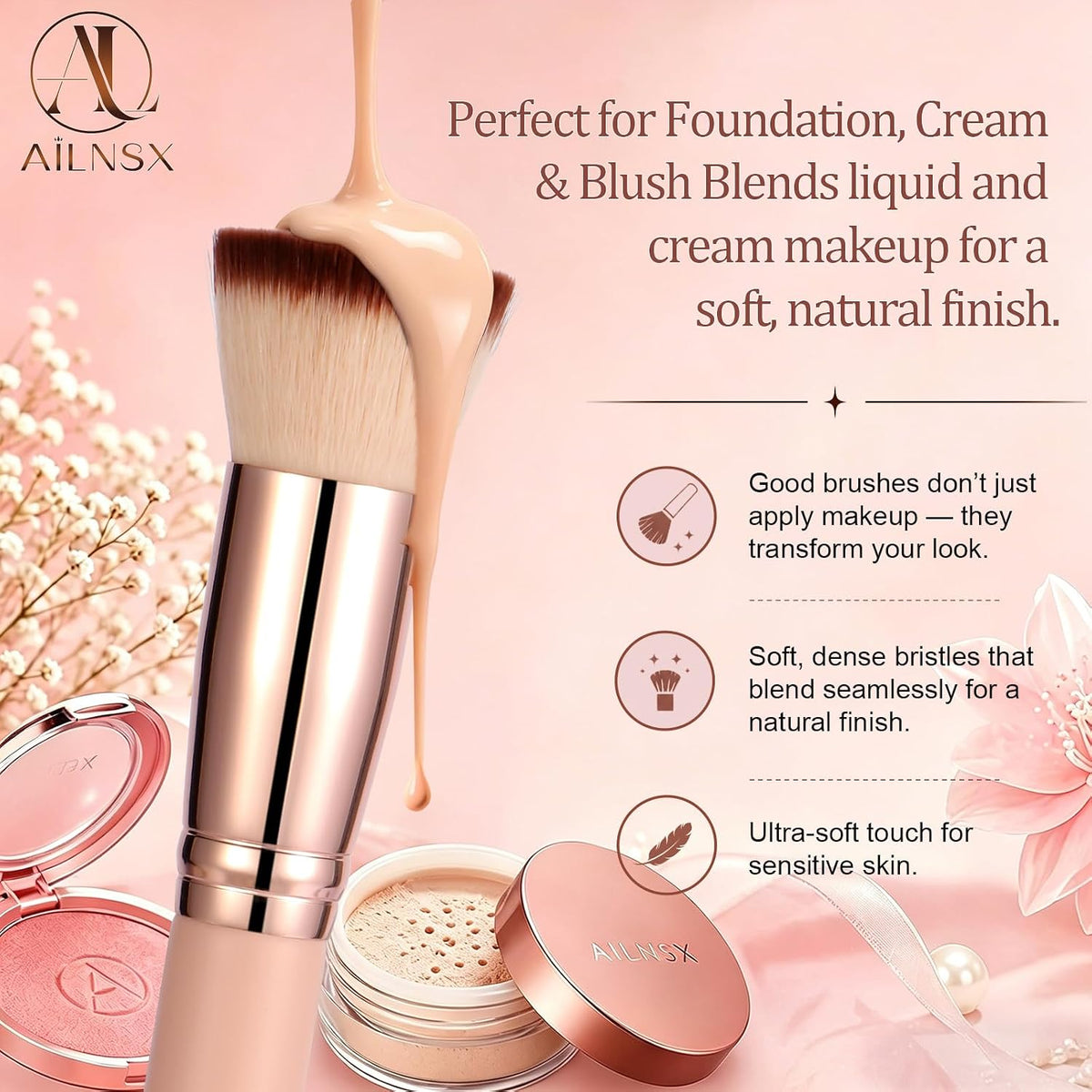 Flat Top Kabuki Foundation Brush, Soft Dense Makeup Brush for Liquid, Cream and Powder, Face Blending Brush for Foundation, Blush, Bronzer, Concealer and Contour