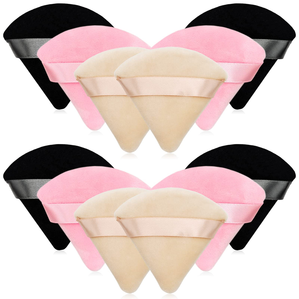 12 Pieces Black Cosmetic Powder Puff,2.76 inch Portable Soft Sponge Setting Face Puffs,Triangle Velvet Powder Puff with Ribbon Band Handle for Loose Powder Body Powder Makeup Tool