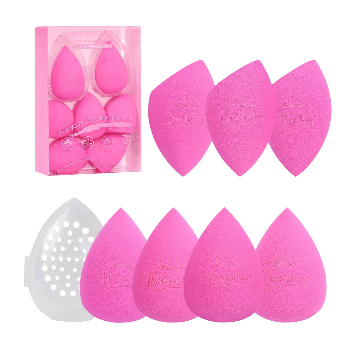 Real Perfection Makeup Sponge Set Blender Sponges, Latex-Free Beauty Makeup Sponges 7 pcs with 1 Travel Container Case for Blending Foundation Liquid Cream and Powder (Beige)