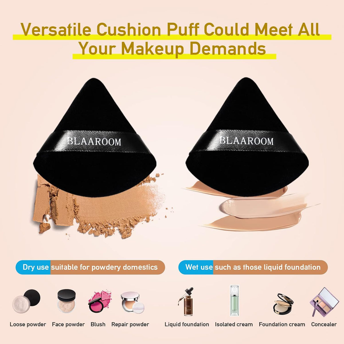 6 Pcs Velvet Triangle Powder Puff,Triangular Design Makeup Soft Sponge Puff for Face Exquisite Eyes Contouring, for Loose Mineral Body Powde Cosmetic Foundation Makeup Tool - Black