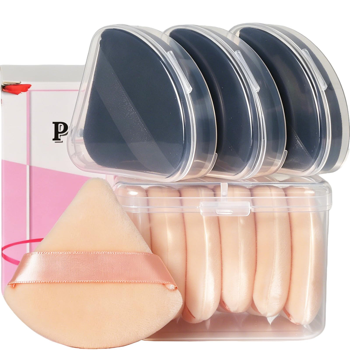Ocim 10Pcs Triangle Powder Puff Face Makeup,Setting,With Case,Black