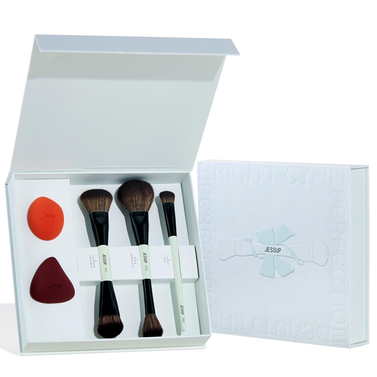 Jessup Face Makeup Brushes Blue 3pcs Double Ended Makeup Brush for Foundation Contour Blush Highlight and Concealer Brush, Premium Synthetic Brush Set T503