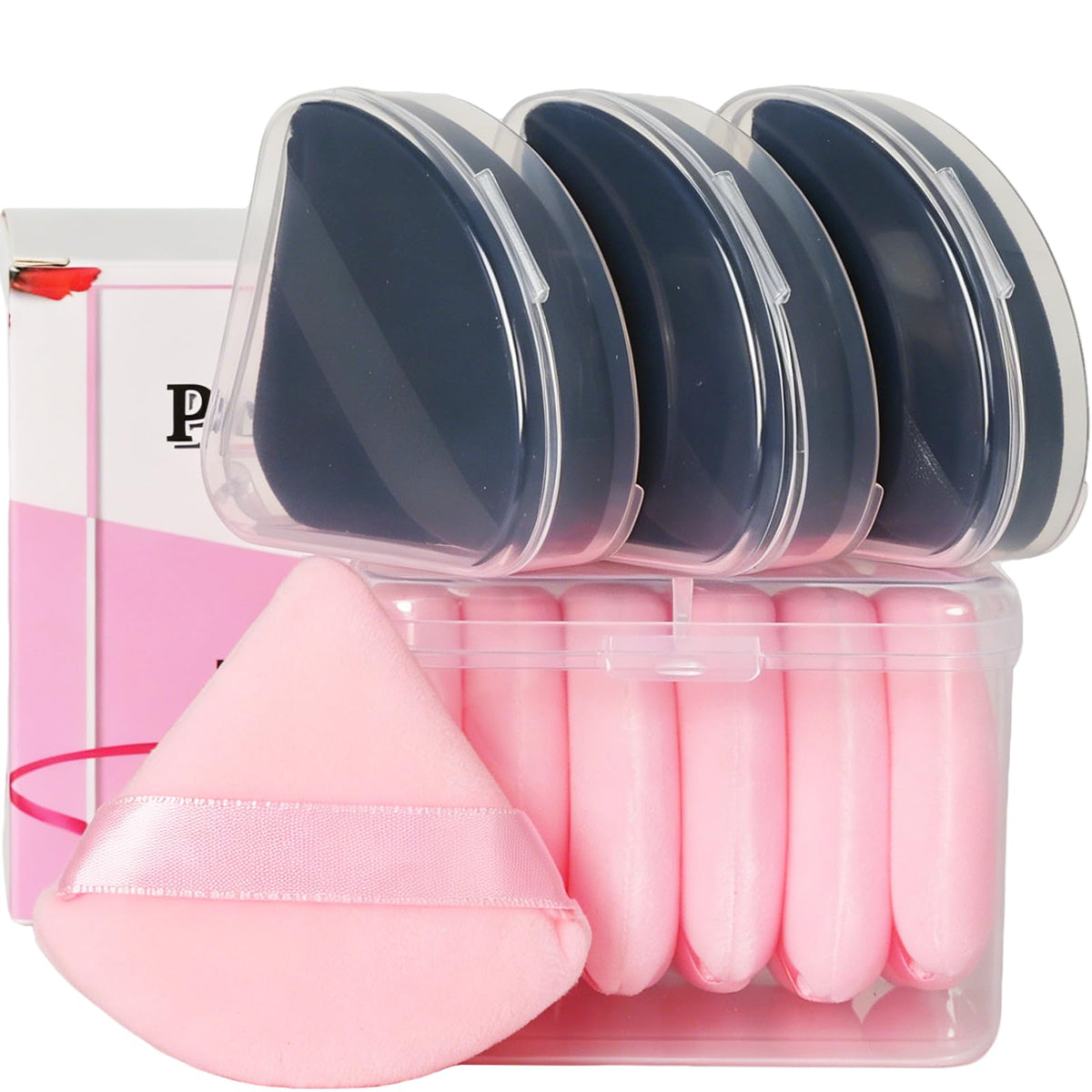 Ocim 10Pcs Triangle Powder Puff Face Makeup,Setting,With Case,Black