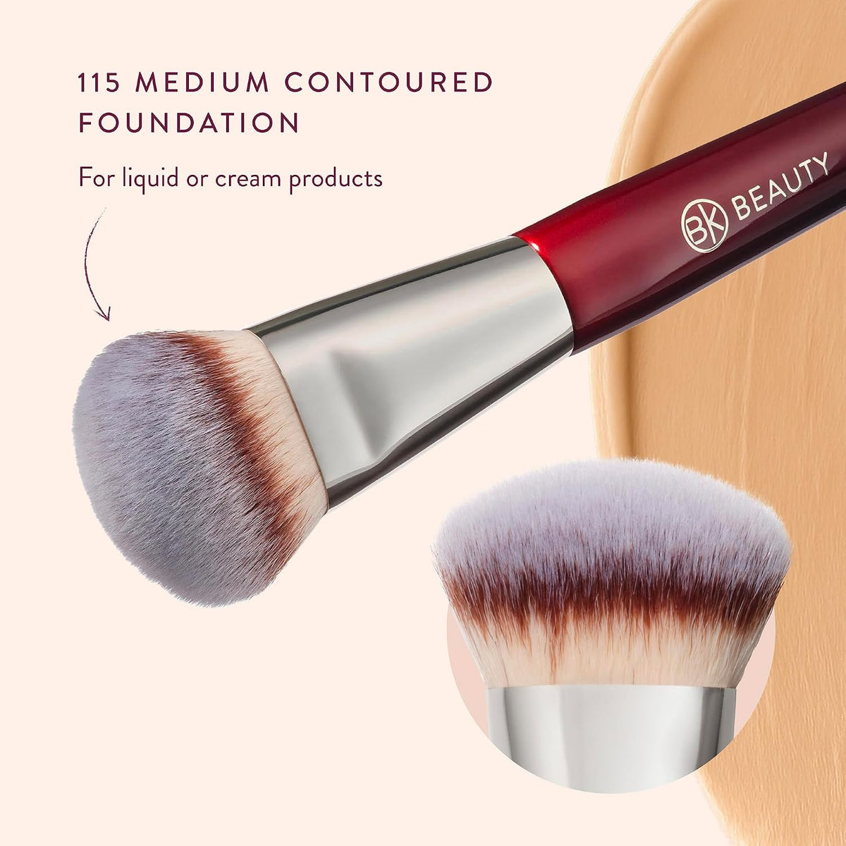 BK BEAUTY 115 MEDIUM CONTOURED FOUNDATION BRUSH – Contoured Foundation Brush for Liquid Makeup - Foundation Makeup Brushes - Face Brush For Liquid Or Cream Foundation