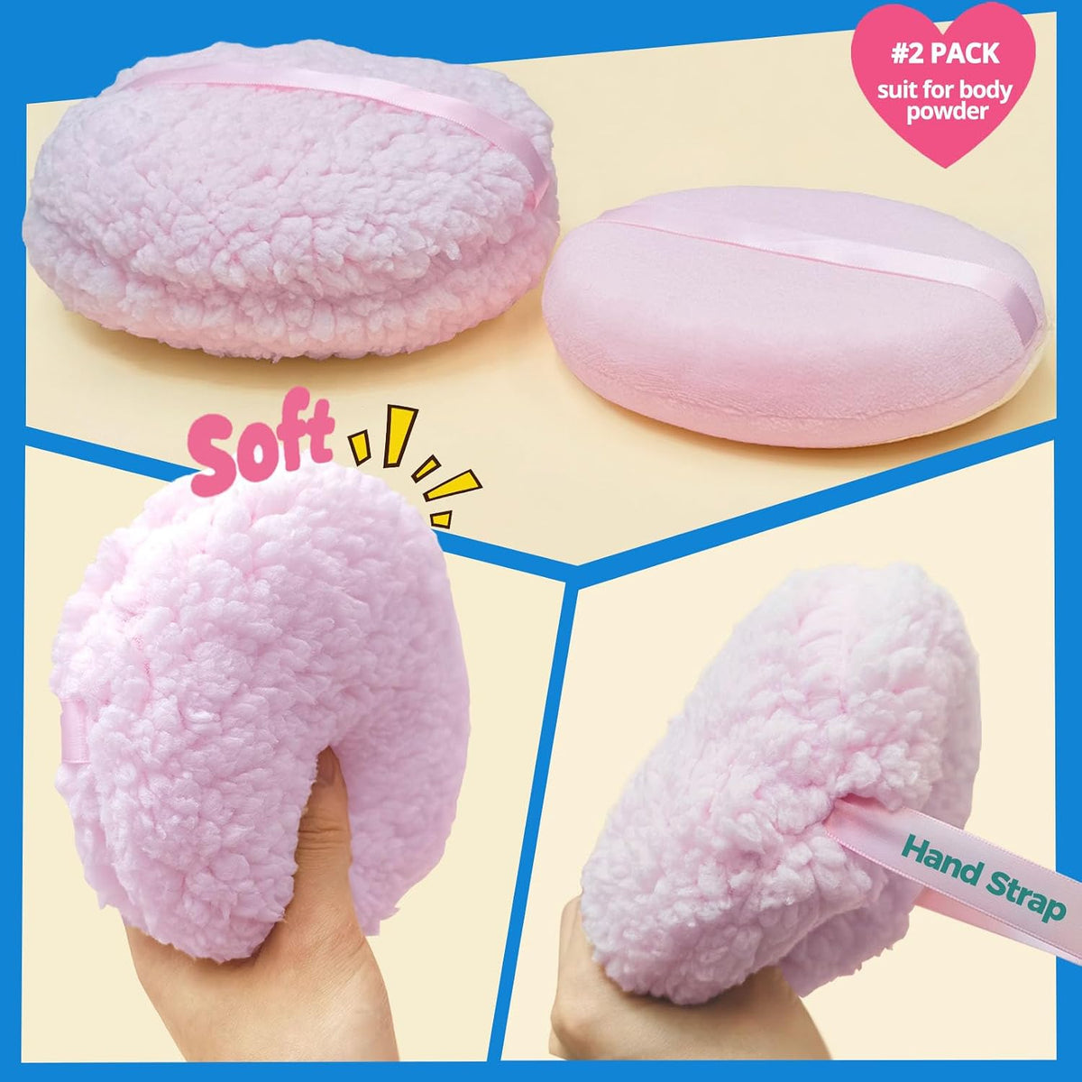 3pcs 6'' Body Powder Puffs for Dusting Powder and Container, Pink