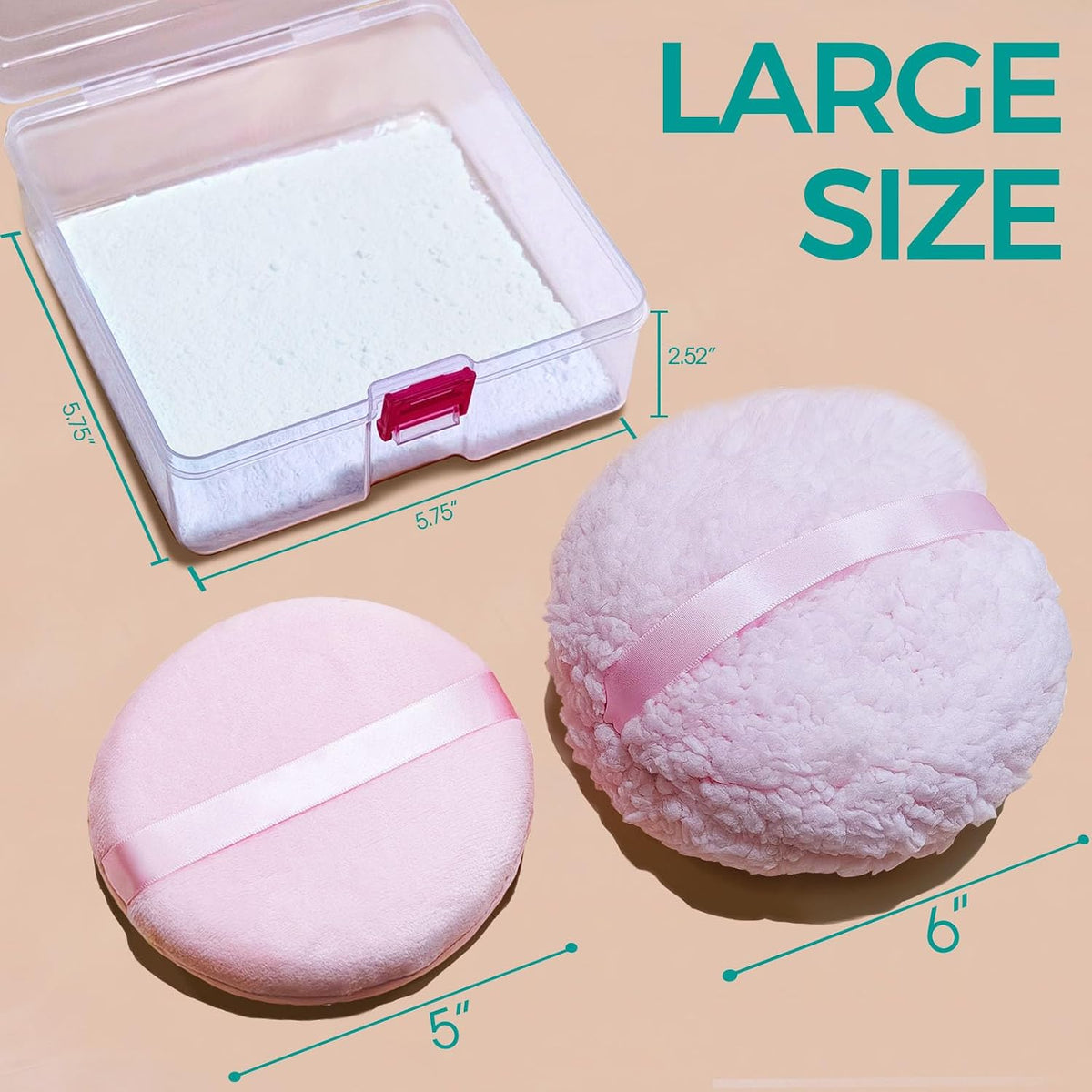 3pcs 6'' Body Powder Puffs for Dusting Powder and Container, Pink