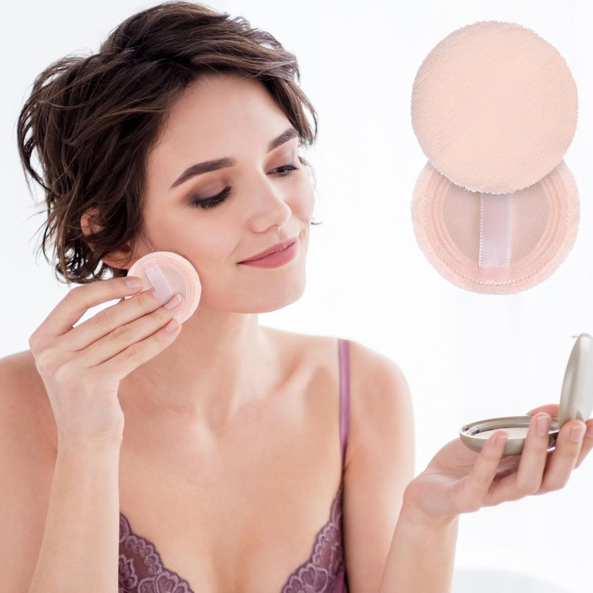 12 Pieces Round Velour Face Makeup Powder Pad, Powder Pads, 2.36 Inch Setting Makeup Puff, Soft Face Compact Powder-Pad with Ribbon, Puff Pads for Loose-Powder, Setting-Powder