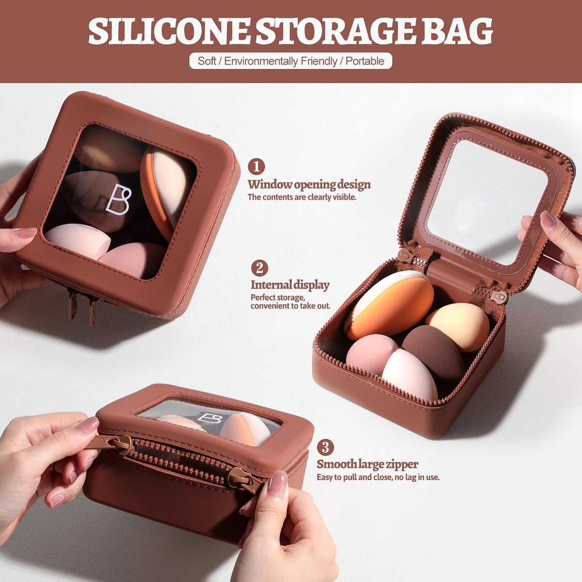BS-MALL Makeup Sponge Set Pro Version– V3.0 Soft Blending Tech For Foundation Blending Blush Highlight 1 XL Dual-Use Makeup Sponge & Waterproof Silicone Cosmetic Travel Bag Brown