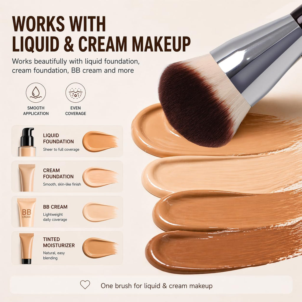 Extra Large Foundation Brush, Flat Top Kabuki Brush for Liquid & Cream Makeup, Dense Soft Bristles for Fast Full Coverage, Streak-Free Airbrush Finish