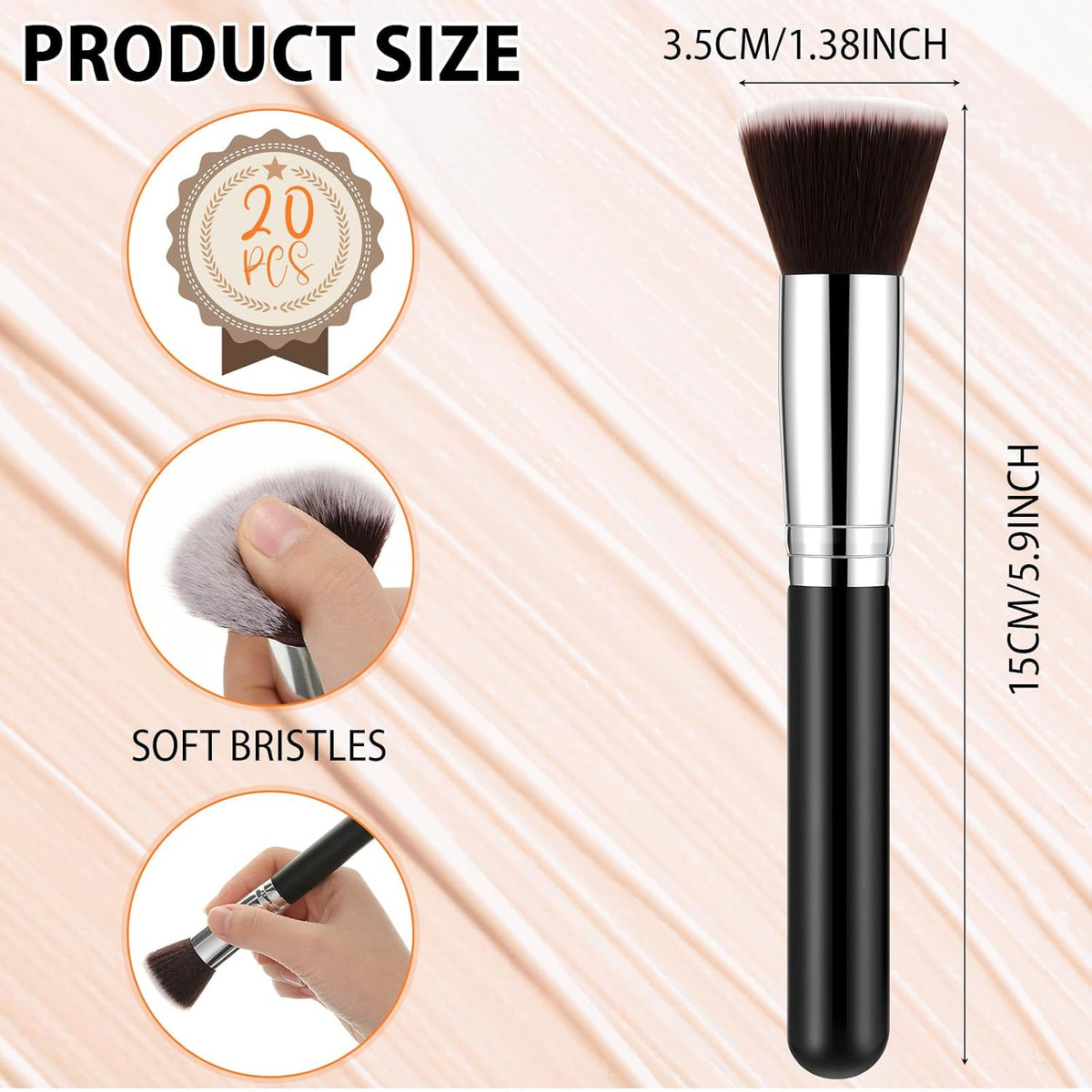 Baderke 20 Pcs Flat Top Foundation Brush Kabuki Cosmetics Synthetic Dense Face Blush Makeup Brush for Liquid, Cream, Powder, Blending, Buffing, Stippling Face Makeup Tools