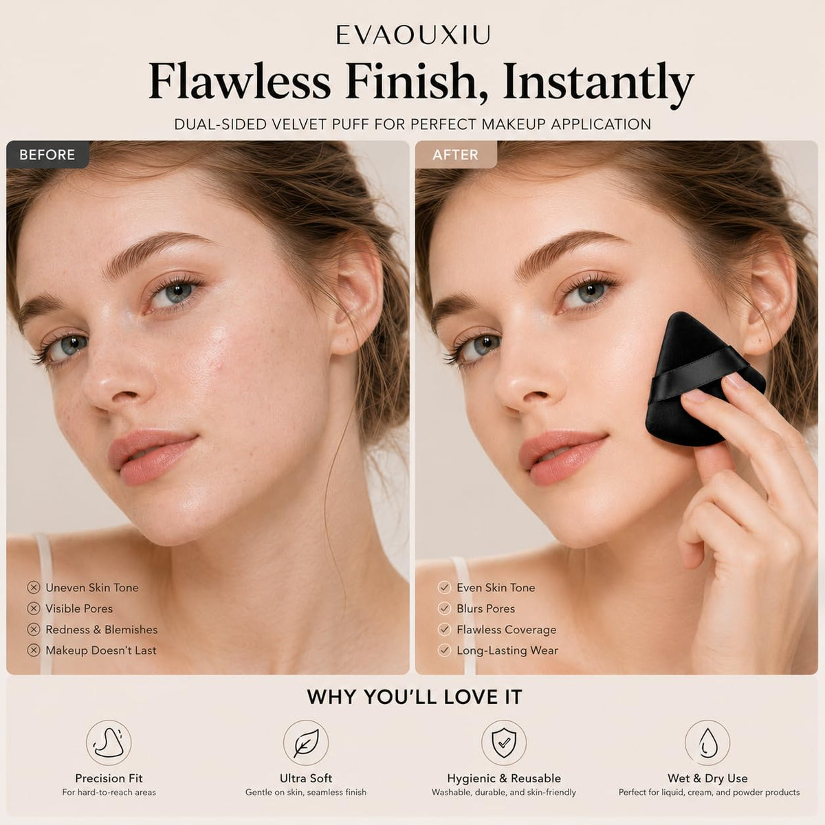 EVAOUXIU Triangle Powder Puff Set of 2, Soft Velour Makeup Puff for Loose & Pressed Powder, Reusable Face Powder Puff with Finger Strap for Setting Powder, Foundation & Touch Ups