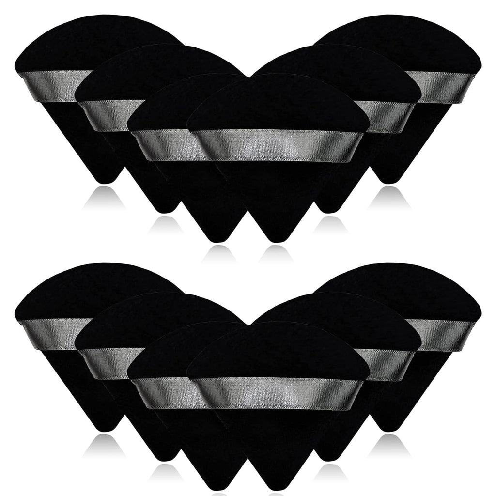 12 Pieces Black Cosmetic Powder Puff,2.76 inch Portable Soft Sponge Setting Face Puffs,Triangle Velvet Powder Puff with Ribbon Band Handle for Loose Powder Body Powder Makeup Tool