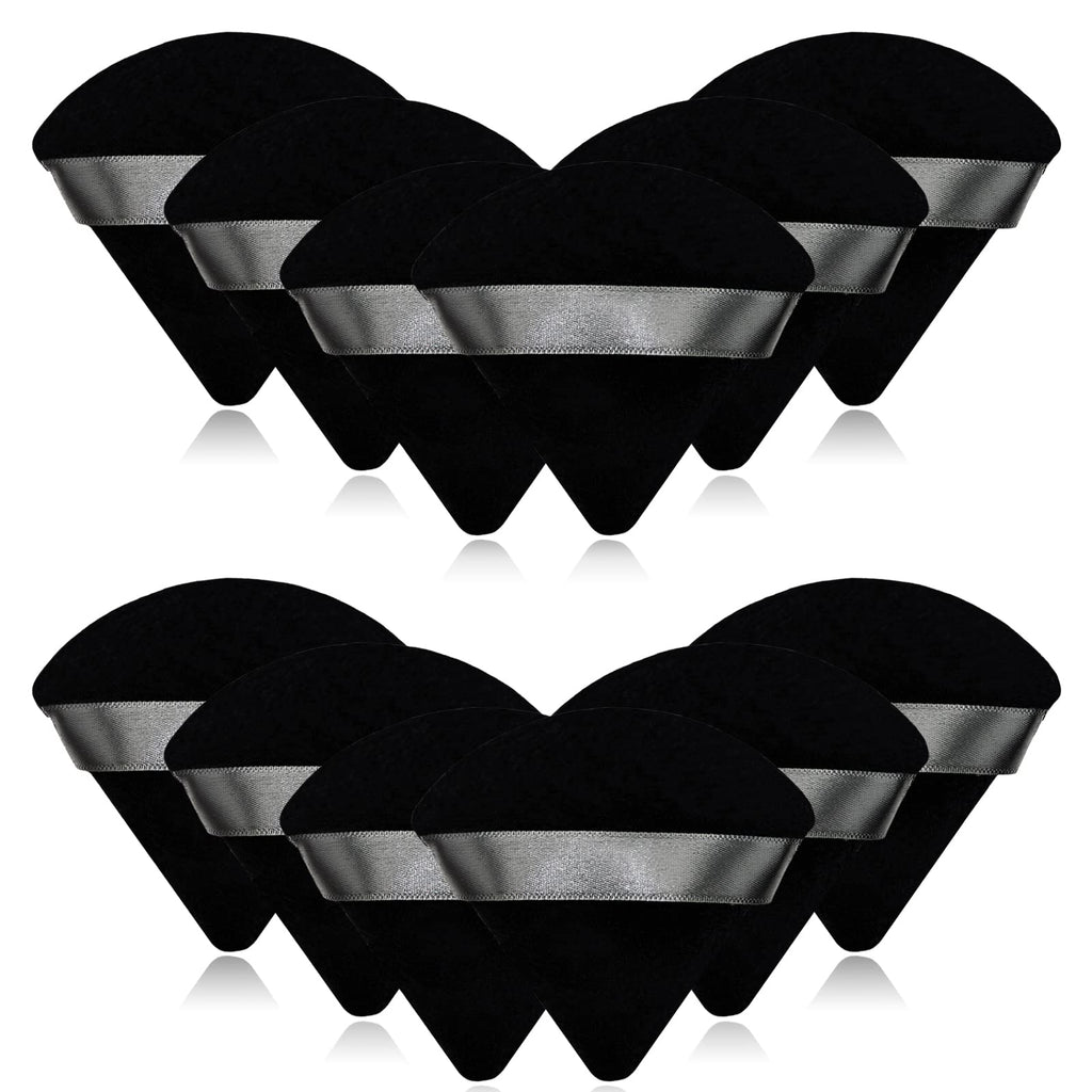 12 Pieces Black Cosmetic Powder Puff,2.76 inch Portable Soft Sponge Setting Face Puffs,Triangle Velvet Powder Puff with Ribbon Band Handle for Loose Powder Body Powder Makeup Tool